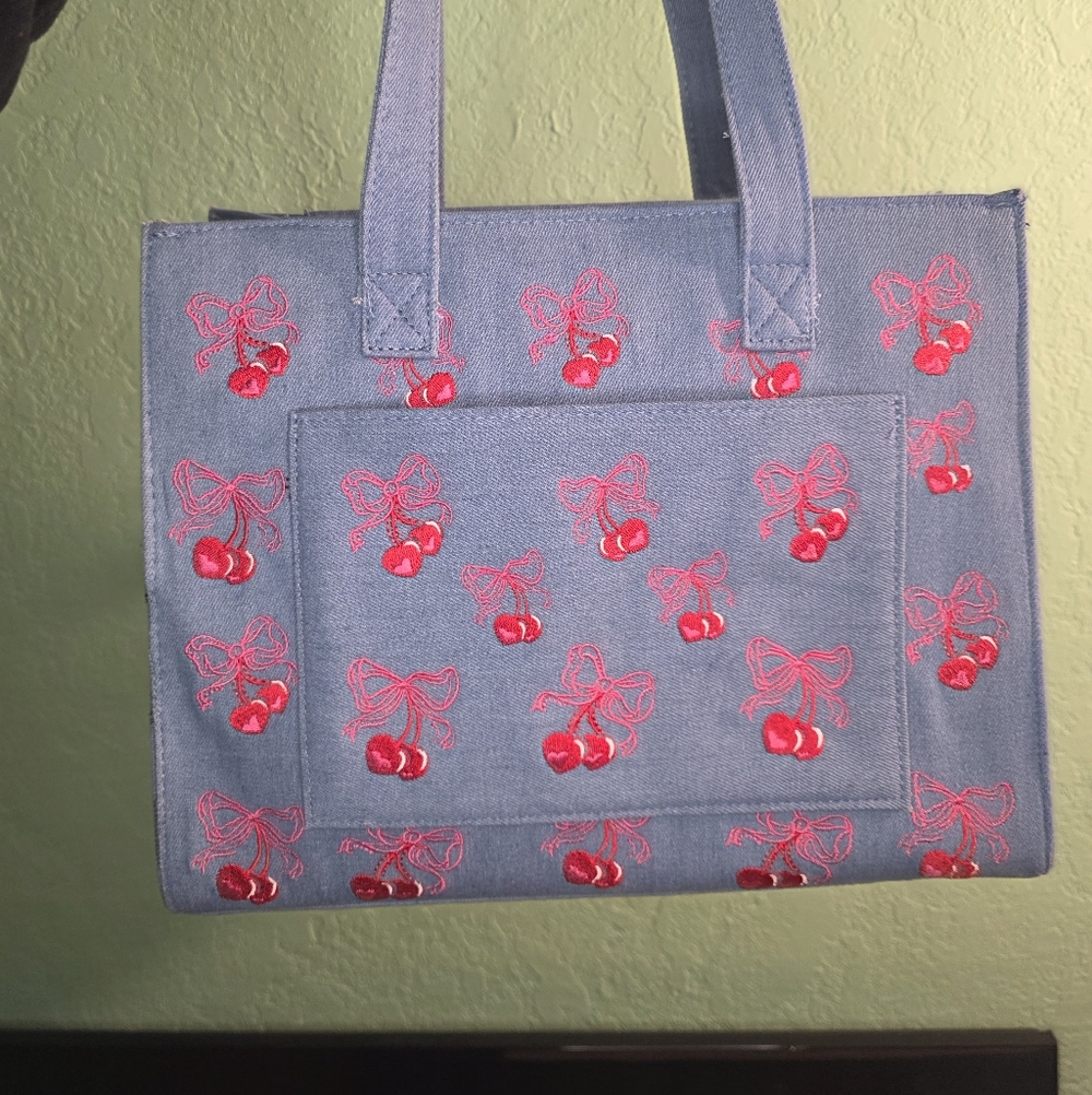 Betsey Johnson Blue Denim Tote with Red Cherry Embroidery - Picture 3 of 5